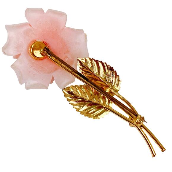 Austria Mid Century Pink Celluloid Rose Brooch Gold Tone Enamel Leaves READ - Picture 7 of 15